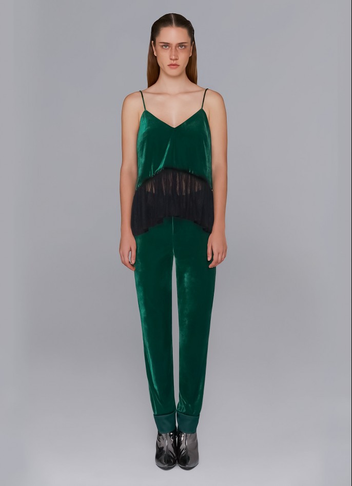 GREEN LACE-TRIMMED STRETCH VELVET CAMISOLE